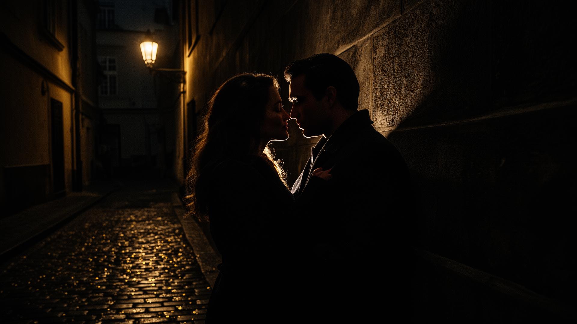 A man and woman in shadow against a Prague alley wall, lit by a distant gas lamp